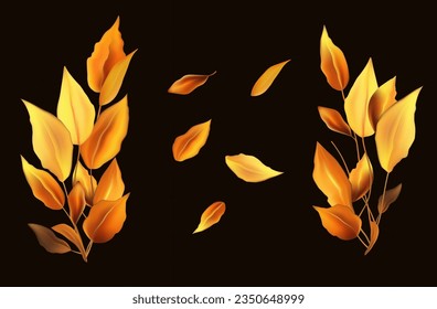 3 quinquies. Rama otoñal con hojas. Hoja seca, elemento para herbario o floristería. Hierba de arbusto de naranja vegetal tropical. Estacional, natural, orgánico. Elemento decorativo otoñal. Conjunto de ilustraciones Vector 3d