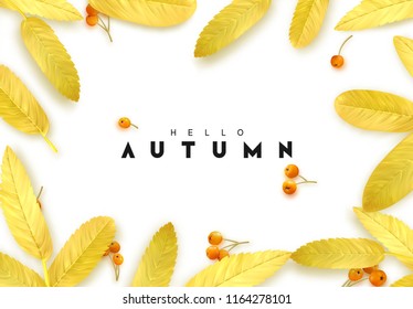 Fall Foliage. Autumn background with golden leaves and realistic rowan berries.