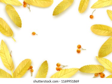 Fall Foliage. Autumn background with golden leaves and realistic rowan berries.