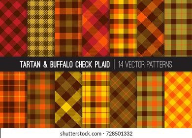 Fall Foliage Colors Tartan And Buffalo Check Plaid Vector Patterns. Brown, Red, Orange & Green Flannel Shirt Fabric Textures. Fall Fashion. Thanksgiving Day Background. Pattern Tile Swatches Included.