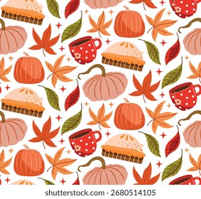 Folhagem de outono Padrão de Vetor Sem Costura - Folhas de outono rústico e abóboras