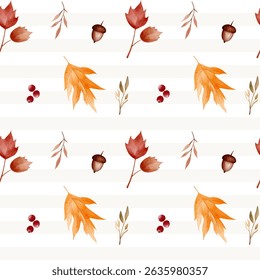 Fall foliage watercolor seamless pattern. Hand painted leaves, berries and herbs for seasonal decor