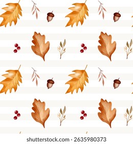 Fall foliage watercolor seamless pattern. Hand drawn leaves, berries and herbs for seasonal decor