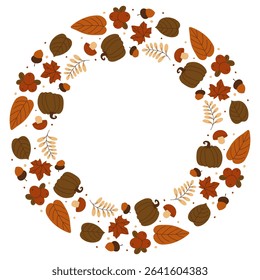 Fall foliage wreath illustration with pumpkins, leaves, berries, branches and more. Seasonal frame for autumnal nature design, invitations or web decor. Vector illustration