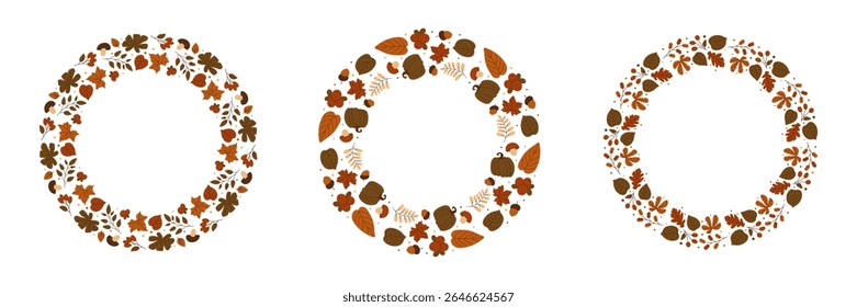 Ilustrações de coroa de outono folhagem definido com abóboras, folhas, bagas, ramos e muito mais. Quadro sazonal para design de natureza outonal, convites, decoração web. Ilustração vetorial