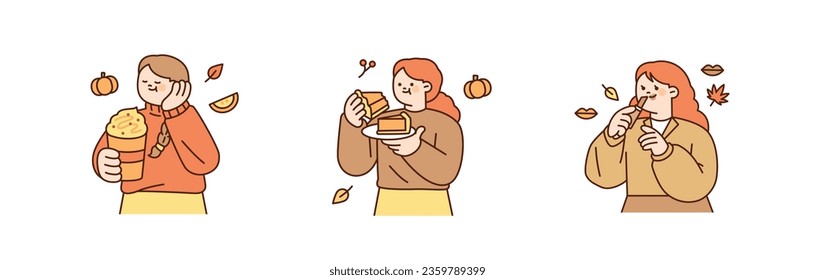 Fall food and desserts. People holding drinks, cakes and pies. And a woman wearing fall-colored makeup. outline simple vector illustration.