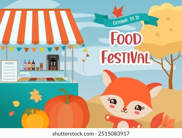 Fall food festival cute design with food cart and kawaii fox. Cartoon vector design for autumn Thanksgiving card, invitation, banner, flyer ads, animation. Street food fest fall sale promo.