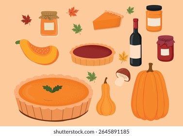Fall food set , Thanksgiving food, festive, vegetables, pumpkin, pumpkin pie, bottle of wine, jar of jam 