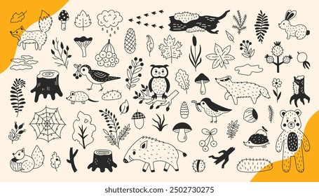 Fall Forest Animals Doodle Set. Cute Hand drawn woodland wildlife elements. Wild birds and nature stickers, fungi, leaf, berries. Outline vector illustration