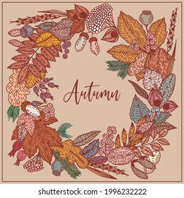 Las bayas de los bosques de otoño, las flores, las ramas, las hojas son dibujadas a mano, el doodle gráfico. Ilustración vectorial. Marco otoñal, corona. Diseño plano de moda y colorido. Para Textil, Papel tapiz, Diseño de Tarjeta.