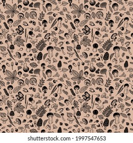 Fall forest berries, flower, branches, leaves are hand-draw, doodle graphic. Vector outline illustration. Autumn seamless pattern. Monochrome trendy Flat design. For Textile, Wallpaper, wrapping paper