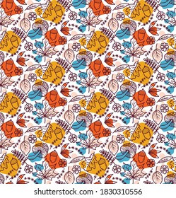 Fall forest leafs mushroom seamless vector pattern