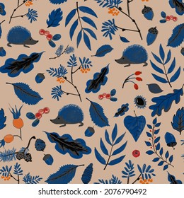 Fall forest pattern seamless with hedgehog and leaves