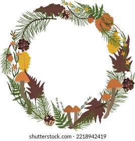 Fall forest vector wreath with pine branches, mushrooms, pinecones, autumn leaves, circle foliage frame for thanksgiving greeting cards