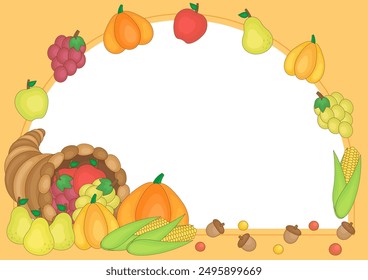 fall fruits and vegetables in cornucopia of harvest season frame, vector illustration