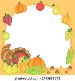 fall fruits and vegetables in cornucopia of harvest season frame, vector illustration