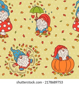 Fall fun repeat design seamless pattern with cute gnomes. Cartoon nordic gnome cheerful and happy expression. Outdoor fall fun with autumn leaves. Baby style little gnomes.