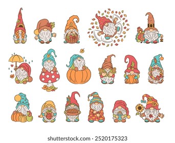 Fall garden gnomes bundle. Harvest festival clipart. Vector illustration. Cute Scandinavian gnome character set. Cartoon turkey, fall leaves fun. autumn weather, Thanksgiving and Halloween themes.