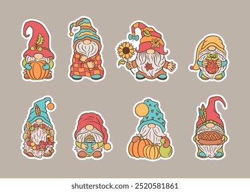 Fall garden gnomes sticker sheet. Cute autumn gnome characters stickers with outline. Harvest, Thanksgiving and Halloween themes. Vector illustration. Fun Scandinavian gnomes character set.