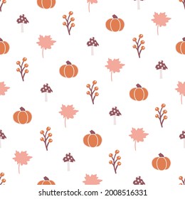 Fall Geometric Pumpkins, Leaves, Mushrooms, and Berries Seamless Pattern Background