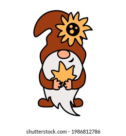 Fall gnome with autumn leaf and sunflower is on white background. Vector illustration.