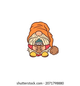 Fall gnome with coffee cup. Winter scandinavian gnome holding coffee mug with marshmallows. Autumn winter hot drink latte cappuchino. Cozy hygge vector illustration of a cute dwarf with beard and hat.