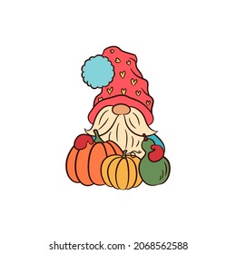 Fall gnome with pumpkins. Thanksgiving greeting. Little gnome funny hat vector illustration. Autumn harvest cute doodle graphics. Nordic elf tomte Swedish gnome character. Cute dwarf cartoon style.