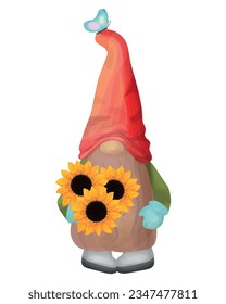 Fall Gnome in red hat holding a bouquet of sunflower flowers. Vector fairy tale character isolated on white background for design for Harvest Day.