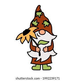 Fall gnome with sunflower is on white background. Vector illustration.
