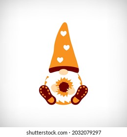 Fall gnome with trendy hat and sunflower. Scandinavian Nordic Gnome. Autumn holidays gnomes collection for greeting card, t shirt design, print, mug.