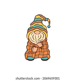 Fall gnome wrapped with plaid. Cozy checkered plaid. Little dwarf with a blanket thrown over body. Autumn vector illustration. Scandinavian gnome. Thanksgiving greeting. Hygge theme. Winter gnome.