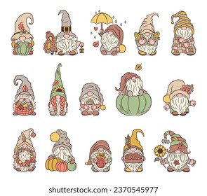 Fall gnomes character design vector set. Cute Autumn gnome scandinavian style. Muted natural colors. Fun dwarf for vintage thanksgiving print, mascot, toy, etc. Cozy cottagecore pumpkin harvest theme.