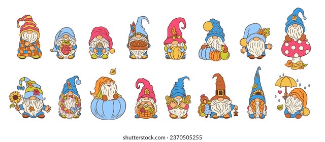 Fall gnomes cute character set. Autumn gnome vector many characters. Cottagecore blue pumpkin harvest theme. Scandinavian elf funny dwarf. Cute design for thanksgiving print, mascot, toy, etc.