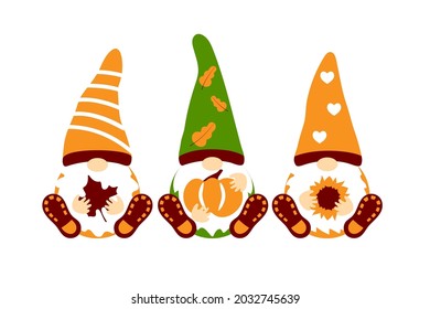 Fall gnomes with pumpkin, sunflower, autumn leaf, trendy hat. Scandinavian Nordic Gnome set. Autumn holidays gnomes collection for greeting card, t shirt design, print, mug.