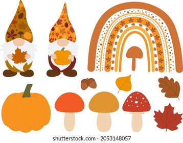 Fall Gnomes rainbow vector illustration. Thanksgiving Gnomes
