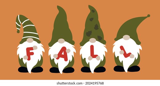 Fall gnomes svg vector Illustration isolated on white background. Autumn gnomes with autumn elements. Fall shirt design. DIY fall gnomes shirt design. Gnomes with leaves, pumpkin. Autumn sublimation.
