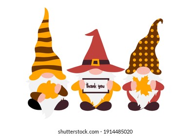 Fall Gnomes for Thanksgiving Day, three Scandinavian gnomes in autumn colors with pumpkin, maple leaf, and frame with text Thank you. Fun fall art, cute flat character for holiday, door sign or card