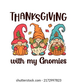 Fall gnomes thanksgiving greeting design. Cute scandinavian gnomes wearing funny hats with pumpkin, corn, fruit basket. Cottagecore autumn harvest theme vector illustration.