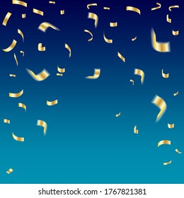 Fall of gold confetti. Blue background with gold sparkles. Festive sophisticated decoration. Vector image.