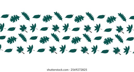 Fall green leaves border on white background. Vector hand draw illustration. 