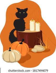 Fall and Halloween theme design with a black cat, pumpkins and candle, EPS 8 vector illustration