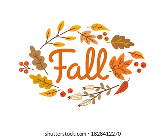 Vector de letras dibujado a mano. Temporada de otoño. La frase de otoño adorables elementos de diseño - hojas y bayas. La ilustración está aislada en un fondo blanco.