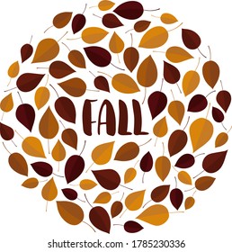 Fall hand drawn text surrounded with autumn leaves arranged into wreath. Postcard concept