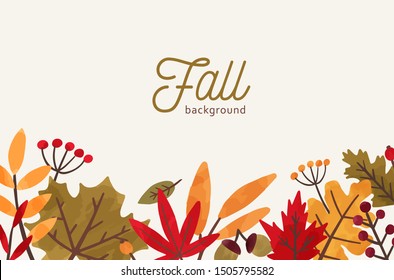 Fall hand drawn vector background. Autumn decorative illustration with leaves and place for text. Orange and red foliage drawing in flat style. Fall season backdrop with forest leafage and berries.