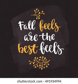 Fall handwritten brush calligraphy and autumn motives. Lettering and decorative leaves. Vector element for your design on chalkboard dark background.