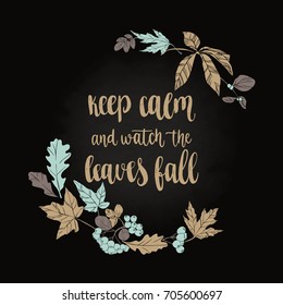 Fall handwritten brush calligraphy and autumn leaves and berries. Lettering and decorative elements. Vector illustration for your design on chalkboard dark background.