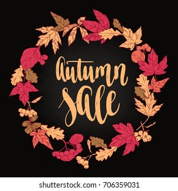 Fall handwritten brush calligraphy and autumn leaves and berries. Lettering and decorative elements. Vector illustration for your design on chalkboard dark background.