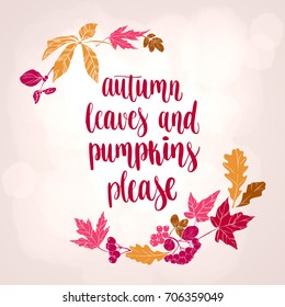 Fall handwritten brush calligraphy and autumn leaves and berries. Lettering and decorative elements. Vector illustration for your design on light background.