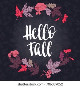 Fall handwritten brush calligraphy and autumn leaves and berries. Lettering and decorative elements. Vector illustration for your design on chalkboard dark background.