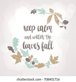 Fall handwritten brush calligraphy and autumn leaves and berries. Lettering and decorative elements. Vector illustration for your design on light background.